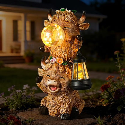 Solar Highland Cow Garden Statue with LED Lights, Cute Resin Outdoor Decor with Glowing Lantern & Light-Up Bubble, Waterproof Solar Yard Ornament for Lawn, Patio & Garden (Brown Cow)