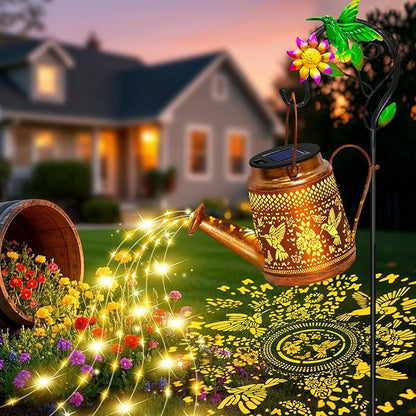Solar Lights Outdoor Waterproof Garden Decor,Solar Watering Can Lights Hummingbird lanterns,Birthday Gifts for Mom Women,Decorative Outside Metal Hanging Fairy String Light for Yard Art Patio Porch