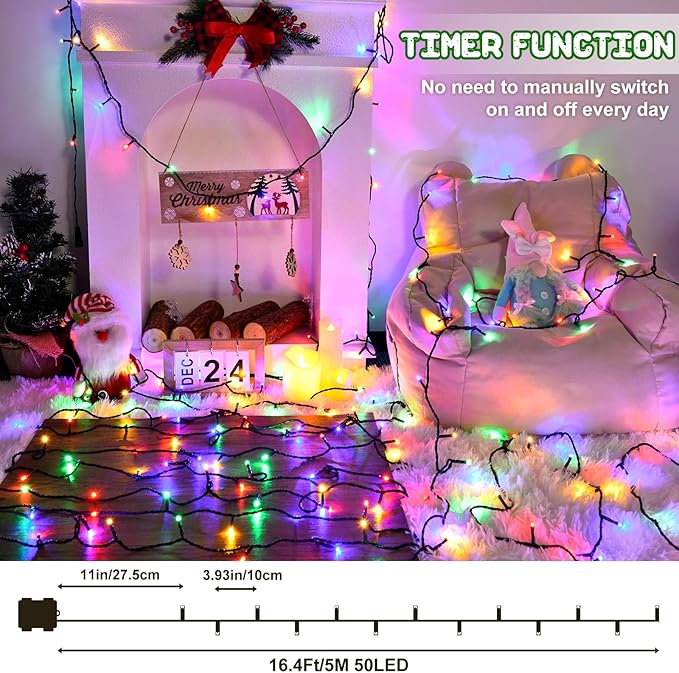 Christmas Lights Outdoor Battery Operated String Lights Total 100LED 33Ft with Timer 8 Modes 16.4Ft*2 Waterproof Outdoor Indoor for Christmas Decor, Multicolor, 2-Pack