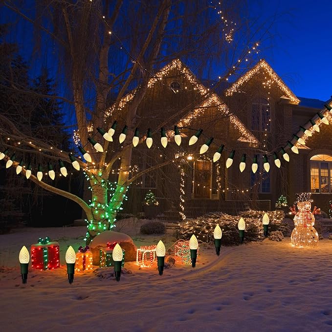 Solar Christmas Pathway Lights Outdoor, 20 LED C9 With 20 Stakes, 23FT Decorations Strawberry String for Roof Yard Patio Walkway Driveway, Warm White