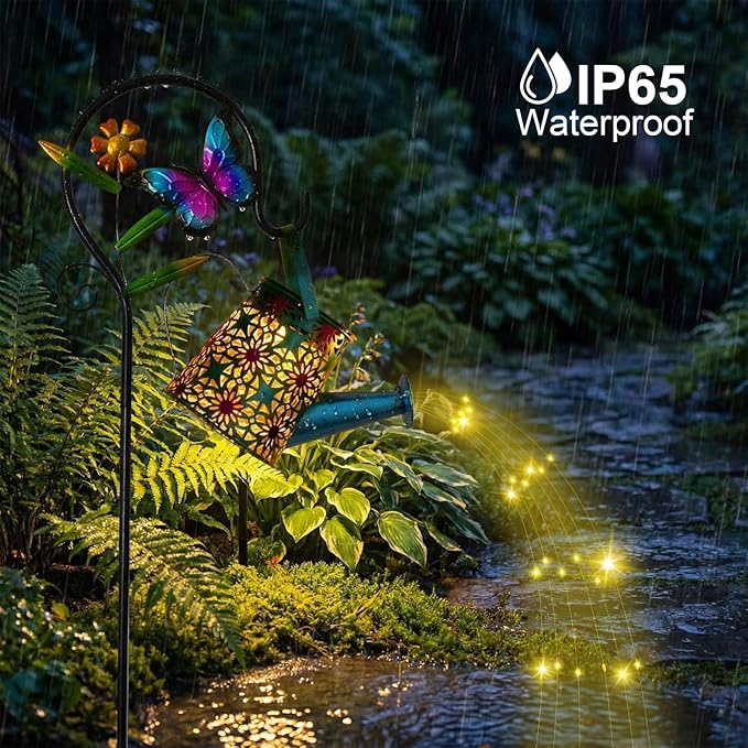 Solar Watering Can with Cascading Lights Outdoor Garden Decor,Waterproof Solar Lantern with Butterfly Shepherd Hook,Hanging Garden Lights for Outdoor Decoration,Unique Garden Gifts for Women