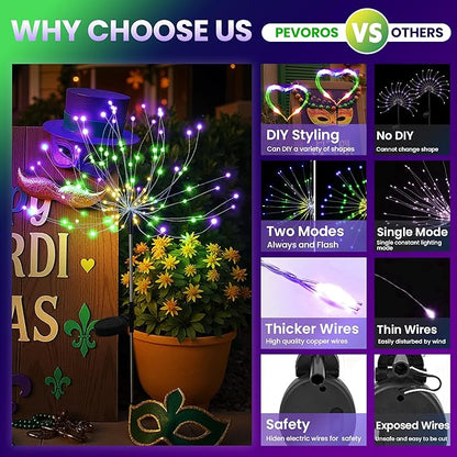 Mardi Gras Solar Lights Outdoor, 4 Pack Solar Garden Lights Outside Fairy Firework Decorative,Solar Powered for Mardi Gras,Yard Pathway Party Balcony Patio Decor (Purple, Green, Yellow)