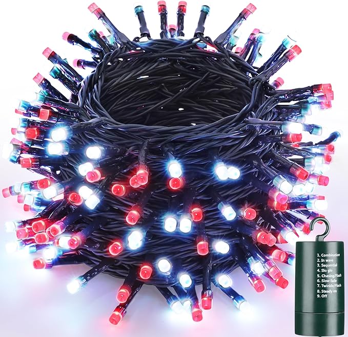 Joomer Battery Christmas Lights, 66ft 200LED Fairy Lights Battery Operated Timer 8 Modes Waterproof for Outdoor Home Garden Party Holiday Christmas Trees Decoration (Red White)