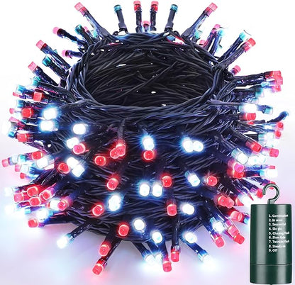 Joomer Battery Christmas Lights, 66ft 200LED Fairy Lights Battery Operated Timer 8 Modes Waterproof for Outdoor Home Garden Party Holiday Christmas Trees Decoration (Red White)