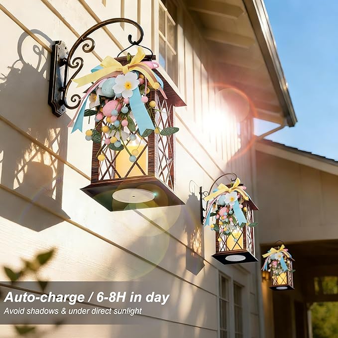 Easter Solar Lanterns Outdoor Waterproof, Hanging Spring and Easter Lantern with Flickering LED Candle, 13'' Bronze Outside Solar Powered Decorative Lantern for Patio Porch Garden Yard Pathway, 1 Pack