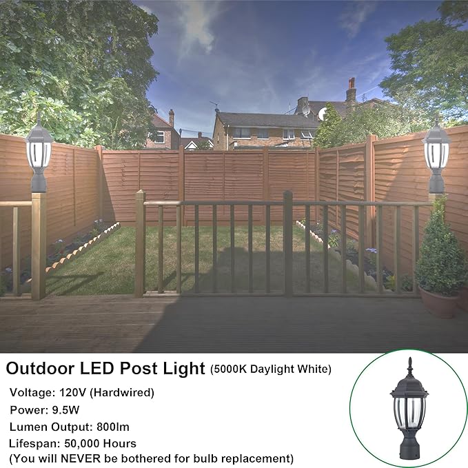 LIT-PaTH LED Outdoor Post Lighting Fixture, Pole Lantern, 9.5W 800 Lumens, 5000K Daylight White, Aluminum Housing Plus Glass, Matte Black Finish, 1-Pack