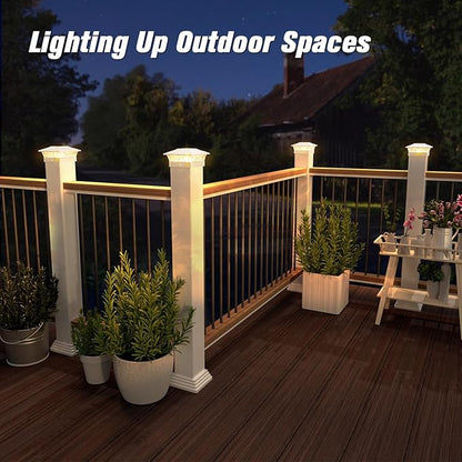 Solar Post Cap Lights Outdoor 6pack, Waterproof Solar Powered Deck Fence Post Lights Fit 4x4/5x5/6x6 Wood/Vinyl Posts, White Vinyl Fence Post lights with Warm/Cool White for garden, Patio, Porch, Deck