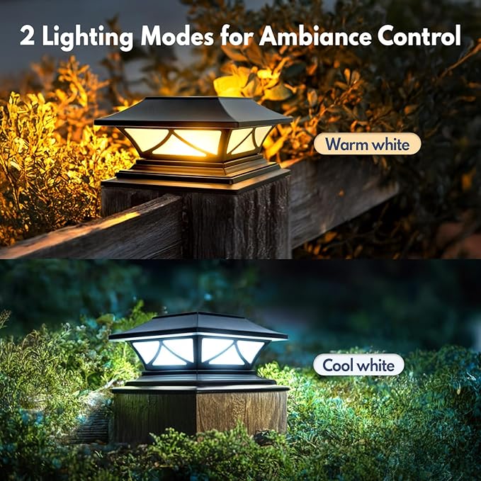 PASAMIC 2 Pack Solar Post Cap Lights, Waterproof Outdoor Lights for 4x4 5x5 6x6 Wood Posts, Fence Post Solar Lights with 2 Color Modes for Garden, Deck, Patio, Porch, Fence