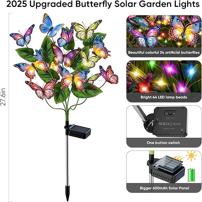 Solar Lights Outdoor Garden Decor: 6 Pack 102 Silk Butterflies with 132 Color-Changing LEDs - Auto On/Off 12H Magical Lighting IP65 Waterproof for Yard Patio Pathway - Unique Gifts for Mom Grandma