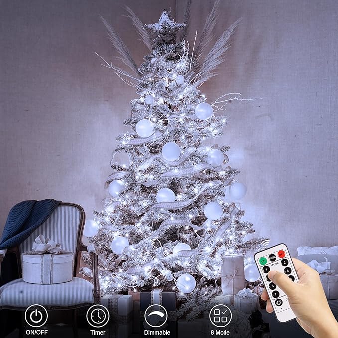 echosari LED String Lights, 100 LED Battery Operated Fairy Lights with Remote Dimmable Timer 8 Modes Christmas Lights for Outdoor Indoor Backyard Room Decoration (Cool White)