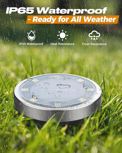 btfarm 16 Pack Solar Lights Outdoor, 8 LED Solar Ground Lights IP65 Waterproof Flat Solar Disc Light, Pathway Lights for Garden Lawn Patio Yard Path Landscape, Warm White