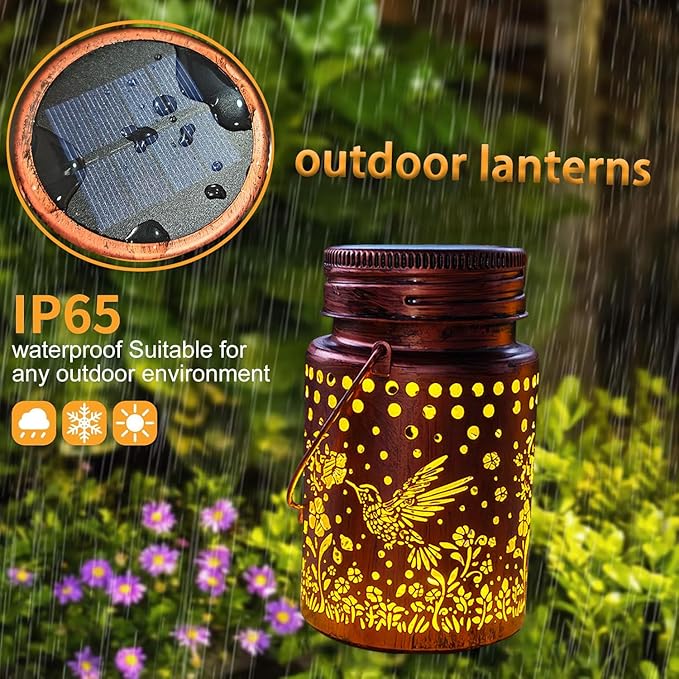 4pack Solar Outdoor Mason Lanterns, Hummingbird Butterfly Dragonfly Sunflower Garden Decor LED Light Hanging Waterproof Metal Lanterns for Patio, Pathway, Yard (Art Deco 4pack)