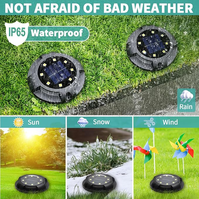 Solar Ground Lights, 8 Pack 12 LED Solar Disk Lights Outdoor Waterproof In-Ground Landscape Lighting for Garden Pathway Yard Lawn Patio Deck Driveway Walkway Outside Decor (Cold White)