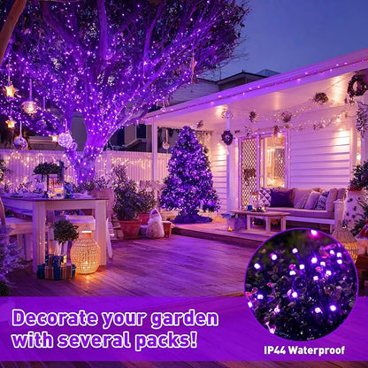 JMEXSUSS Purple Christmas Lights Battery Operated, 2 Pack 100 LED Outdoor Purple String Lights Waterproof, Each 33 FT Christmas Tree Light Indoor for Halloween Decorations Party Porch Garden Decor