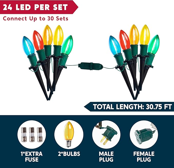 Joiedomi 24 Packs 30.75FT C9 Christmas Multicolor LED Pathway Lights, Waterproof Walkway Lights with Stakes Outdoor Connectable Decor for Holiday Outside, Yard, Garden, Party, Walkway Decor
