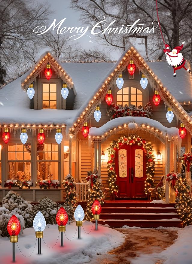 Moonflor Strawberry Jumbo C9 Christmas Lights Outdoor - 2 Pack Total 17FT 10 LED Jumbo C9 Christmas Pathway Lights Outdoor Decoration for Outside Lawn, Red & Pure White