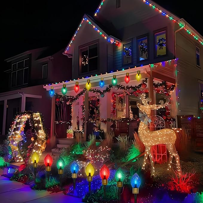 Jumbo C9 Christmas Pathway Lights Outdoor,7FT Jumbo Christmas Lights with Pathway Marker Stakes and 4 LED Diamond Pattern Multicolor Bulb for Holiday Outside Yard Garden Decor,4 Lights