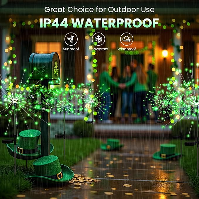 4 Pack St. Patrick's Day Solar Lights Outdoor, Solar Garden Lights Outside Fairy Firework Decorative,Solar Powered for Wedding,Yard Pathway Party Balcony Patio Decor (Green