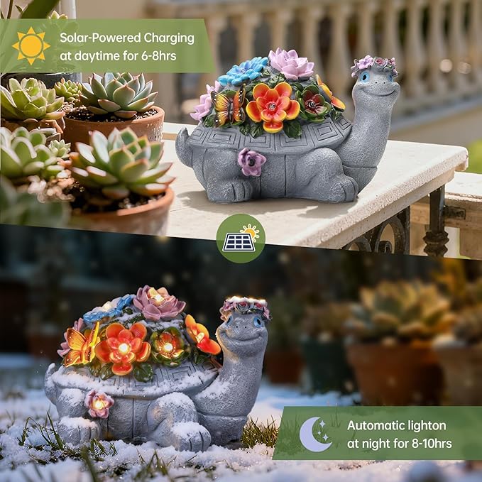 Solar Turtle Garden Statue,Spring Outdoor Figurine Decorations Ornament Lamps for Outside Yard Lawn Patio Porch Balcony,Women's Day Housewarming for Mom Women Grandma