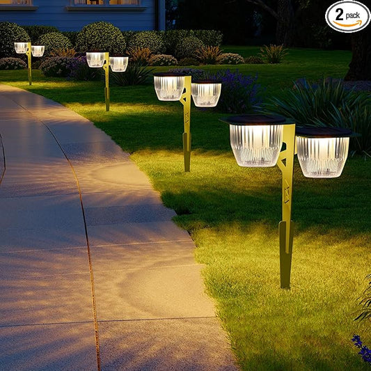 Solar Pathway Lights Outdoor, Dual Head Pathway Lights, Brighter 500 lumens with 2-in-1 Solar and USB Charging Modes, IP65 Waterproof, Garden Lights for Lawn Patio Walkway, Green-2 Pack