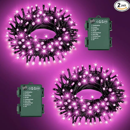 Pink Christmas Lights Outdoor Battery Operated String Lights Total 100LED 33Ft with Timer 8 Modes 16.4Ft*2 Waterproof Outdoor Indoor for Christmas Decor, Pink, 2-Pack