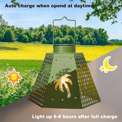 Outdoor Solar Lanterns Waterproof Hanging Solar Metal Lantern 9.5" Coconut LED Lantern Yard Art Decor for Yard, Patio, Hallway, Birthday Mothers' Day Gifts (2 Pack, Green)