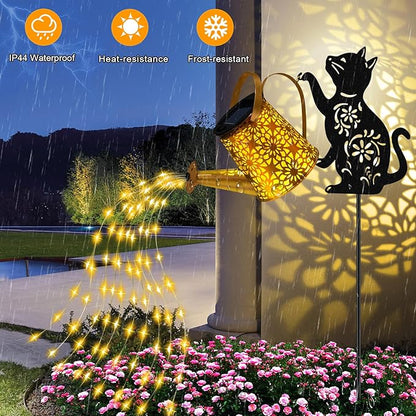 Christmas Gifts Solar Lights Outdoor Decorative, Watering Can with Cascading Lights, with Cat Silhouette Garden Stakes, Waterproof Metal Garden Decor for Yard Art, Outside, Patio, Lawn 2PACK