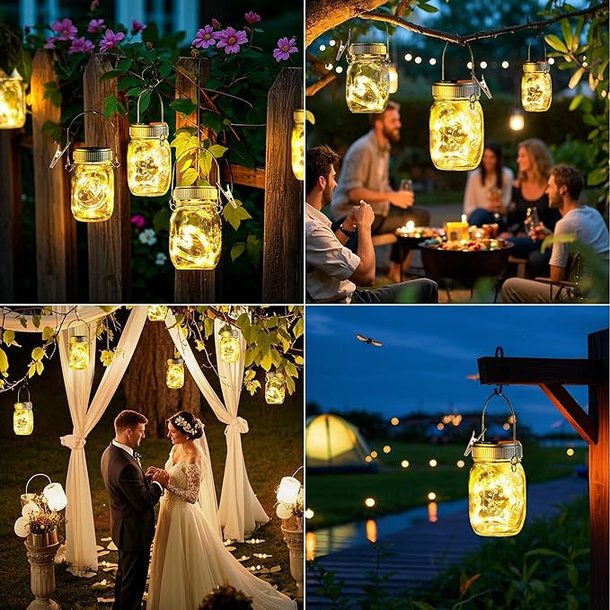 Mlambert 8 Pack Outdoor Solar Lanterns, Waterproof Hanging Mini Mason Jar Solar Lights for Backyard Garden Yard Patio Tree Decoration, Warm White