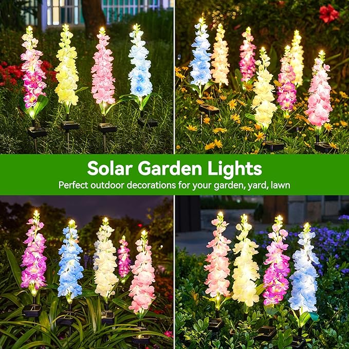 KOOPER Solar Lights Outdoor Garden Decor, 4 Pack Upgraded Delphinium Solar Garden Lights with 36 LEDs, Vivid Flowers Outdoor Waterproof for Landscape Patio Yard Decor