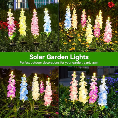 KOOPER Solar Lights Outdoor Garden Decor, 4 Pack Upgraded Delphinium Solar Garden Lights with 36 LEDs, Vivid Flowers Outdoor Waterproof for Landscape Patio Yard Decor