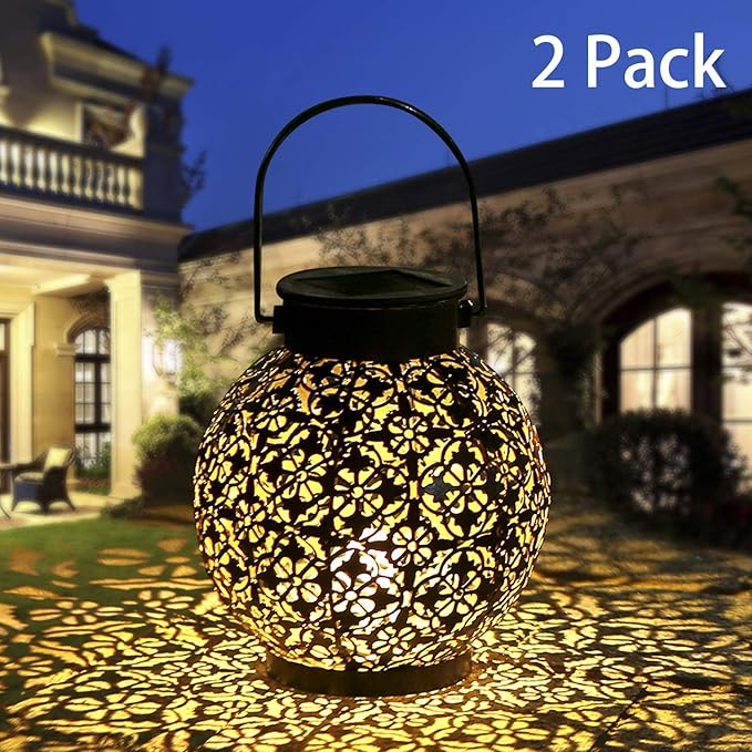 2-Pack Garden Solar Patio Lanterns, Rustic Waterproof LED