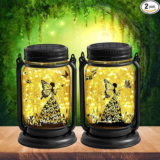 2 Pack Outdoor Hanging Solar Lanterns, Birthday Mothers Day Gifts for Women Mom Grandma,Fairy Butterfly Vintage Glass Mason Jar, Waterproof Garden Lights for Patio Yard Lawn Tree Party Decor