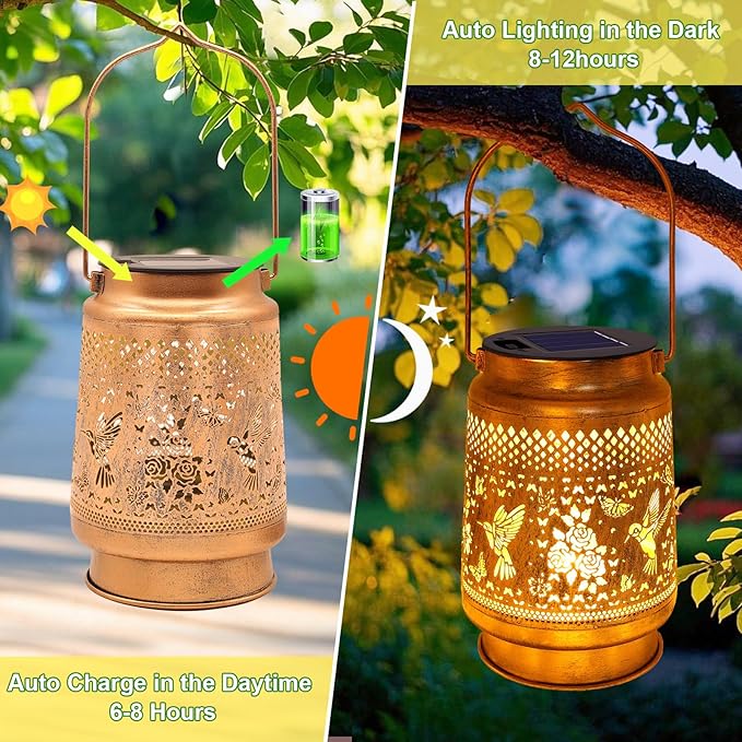 Solar Lanterns Outdoor with Shepherd Hook - Waterproof Hummingbird Garden Decor, LED Hanging Lights Metal Decor for Yard, Patio, Porch, Lawn, Tabletop - Perfect Christmas Gift for Women, Mom, Grandma