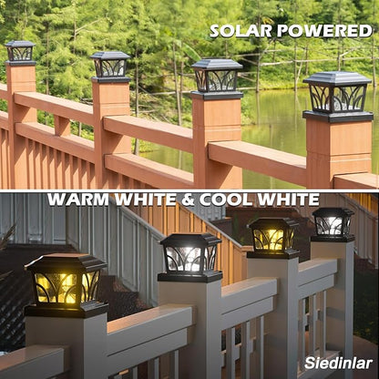 SIEDiNLAR Solar Post Cap Lights Outdoor, Aluminum Glass 2 Modes Fence Post Caps for 4x4 5x5 6x6 Vinyl Wooden Posts Fence Deck Patio Decor, Warm White/Cool White Lighting 2 Pack (Black)