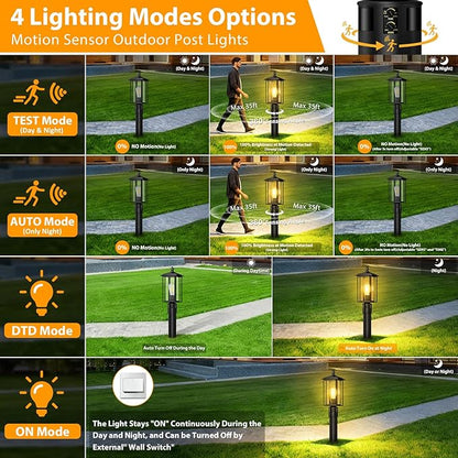 17" Motion Sensor Outdoor Post Lights, Dusk to Dawn Lamp Post Light Fixture with Tempered Glass, Waterproof Aluminum Pole Lights Outdoor, Outside Lamp Posts Outdoor Lighting for Garden Yard Pathway