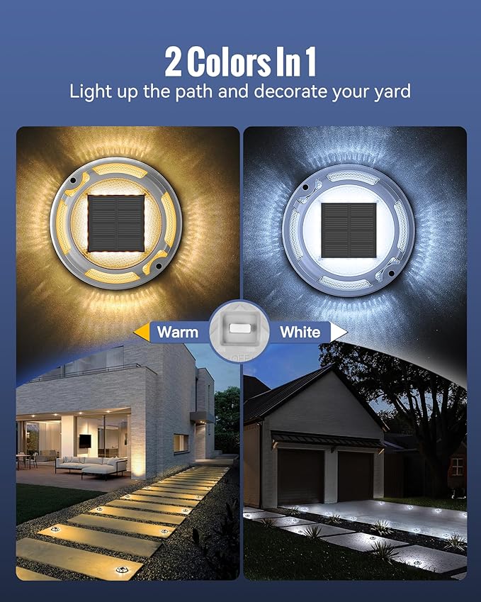 Solar Driveway Lights Dock Lights Waterproof 16 Pack, 2 Colors in 1 Outdoor LED Solar Deck Light, Solar Powered Walk Way Light Road Marker for Stair Pathway Patio(Warm & Cool)