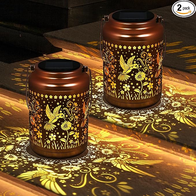 Gifts for Women Mom, 2 Pack Solar Lanterns Outdoor Garden Solar Lights Waterproof Hummingbird Decorative Hanging Metal Lights Gardening Gift for Outside Yard, Patio, Backyard, Farm