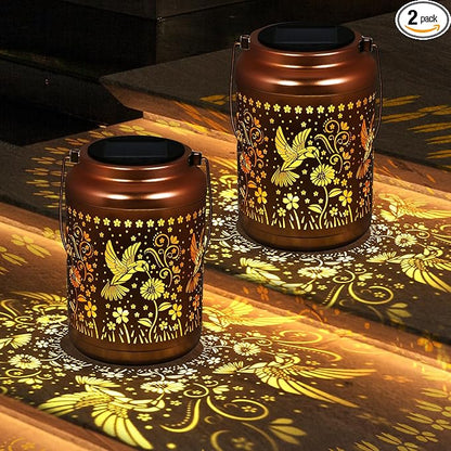 Gifts for Women Mom, 2 Pack Solar Lanterns Outdoor Garden Solar Lights Waterproof Hummingbird Decorative Hanging Metal Lights Gardening Gift for Outside Yard, Patio, Backyard, Farm