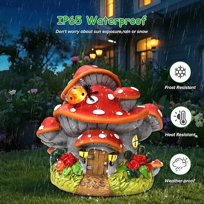 WINTS Solar Mushroom House Statue, Outdoor Whimsical Garden Figurines with Solar Lights, Mushroom Garden Statue Decoration for Fairy House, Outside Lawn Yard Patio, Gifts for Mom