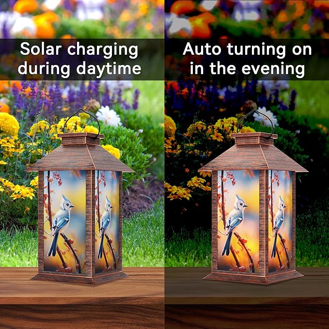 Solar Lanterns Outdoor, Waterproof Blue Jay Garden Hanging Lanterns with LED Flickering Flameless Candles for Mom Grandma Women Lantern Decorative Outdoor for Christmas, Yard, Garden Decor