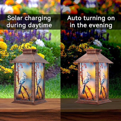 Solar Lanterns Outdoor, Waterproof Blue Jay Garden Hanging Lanterns with LED Flickering Flameless Candles for Mom Grandma Women Lantern Decorative Outdoor for Christmas, Yard, Garden Decor