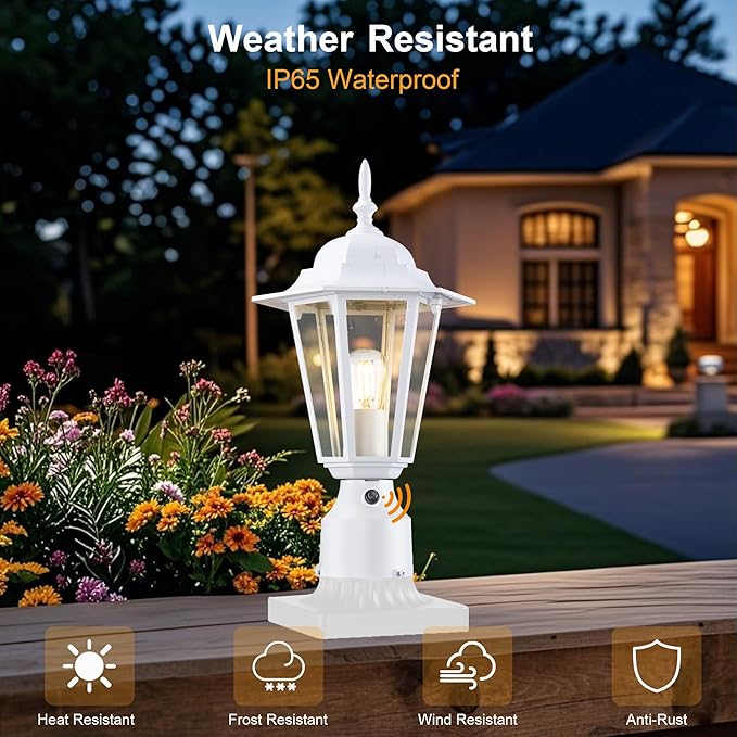 GRUENLICH Dusk to Dawn Outdoor Post Lights, Modern White Exterior Lamp Post Light Fixture, Anti-Rust Aluminum Pole Lantern for Garage Front Yard, 1 Pack