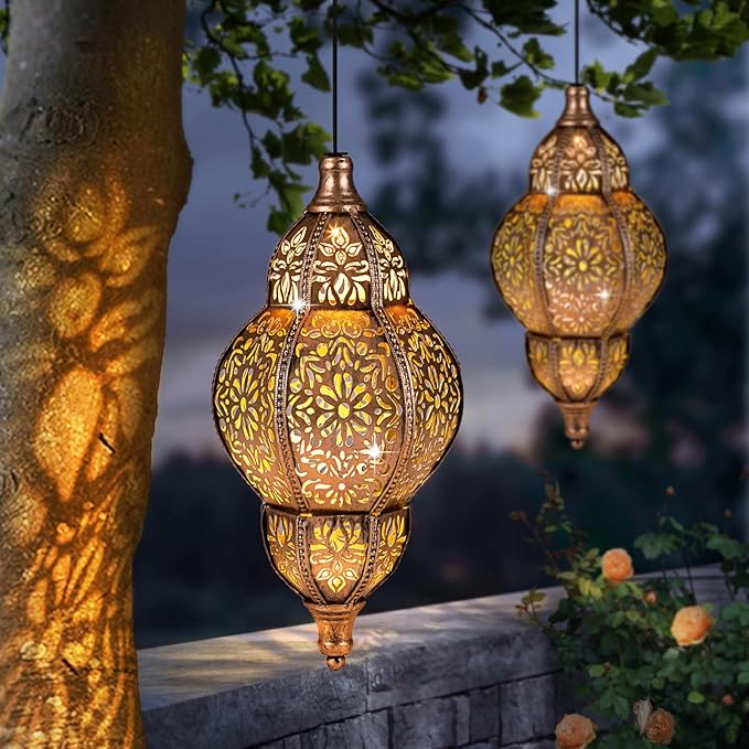 Classic Moroccan Solar Lanterns for Backyard, Waterproof LED