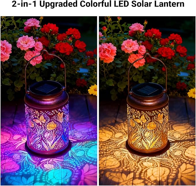 Solar Lanterns Outdoor Waterproof Butterfly Garden Decor, Birthday Gifts for Women Mom Grandma Seniors, Metal Hanging Lanterns Decorative Colorful LED Lights for Lawn, Yard, Patio, Backyard, Porch