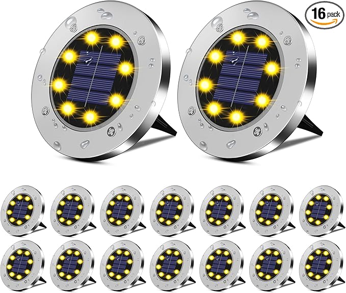 Solar Flat Disk Lights 16-Pack, Waterproof Walkway
