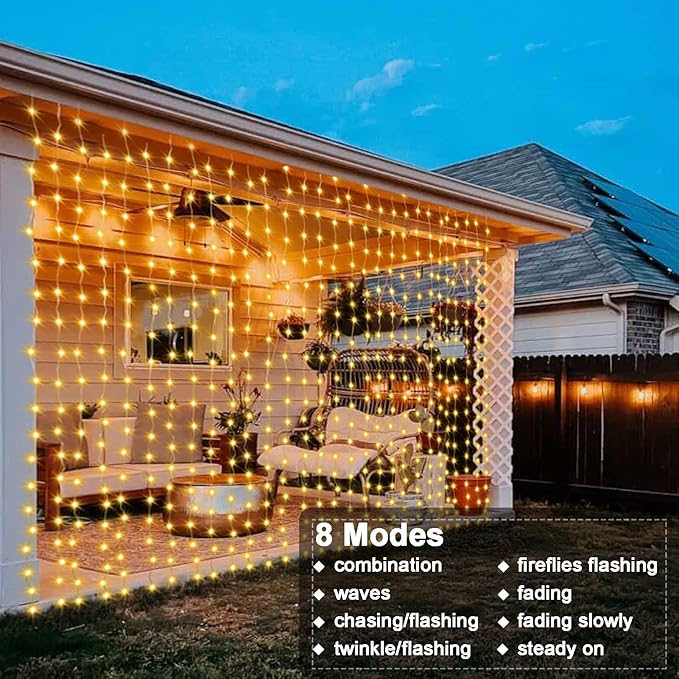 echosari Curtain Lights Battery Operated 200 LED Curtain Fairy Lights 6.6×6.6ft with Remote Timer Outdoor Wall Light Fully Waterproof for Wedding Backdrops Bedroom Decor (Warm White)