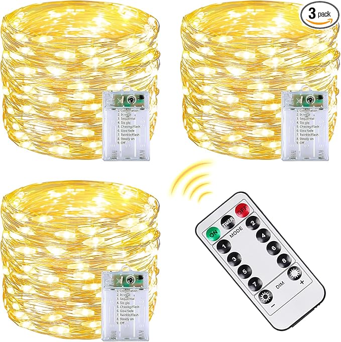 3 Pack 60LED Christmas Battery Operated Fairy Lights with Remote, 8 Modes String Lights with Timer, Dimmable, Memory Function, Waterproof Twinkle Lights for Outdoor Indoor Christmas Decor(Warm White)