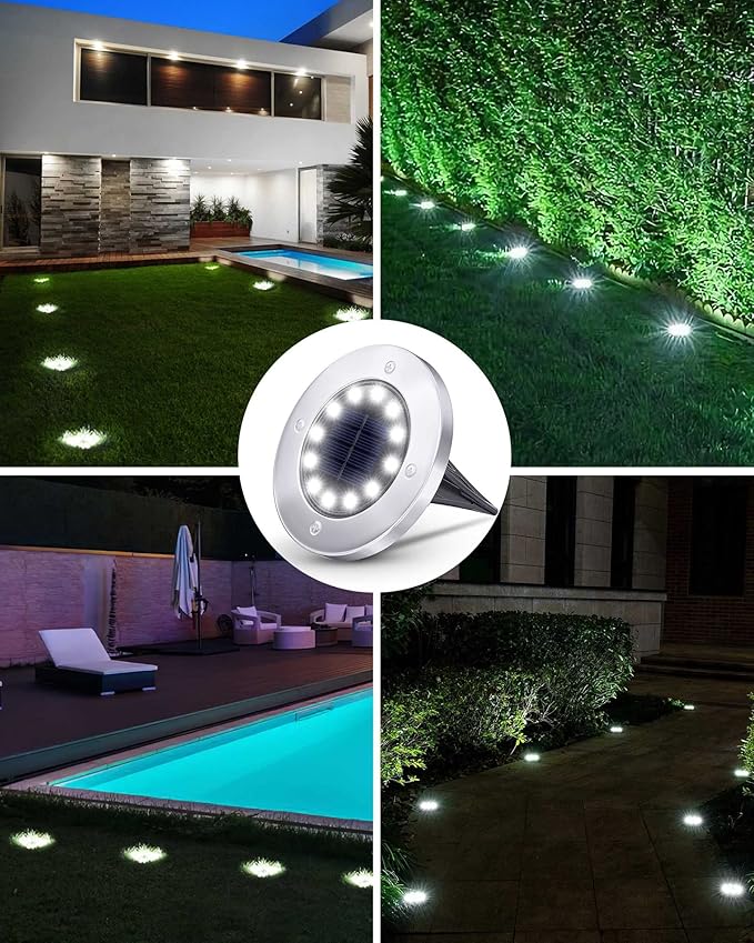Biling Solar Ground Lights Outdoor 8 Packs, 12 LEDs Bright Flat Solar Lights Outdoor Waterproof Solar Powered for Yard Walkway Garden Driveway (White)