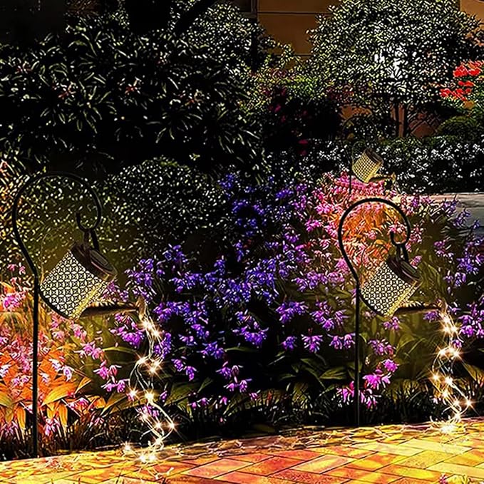 Watering Can with Lights, Solar Lights for Outdoor Garden Art Decor Hanging Solar Lanterns, Metal Waterproof for Walkway Yard Pathway Patio Table