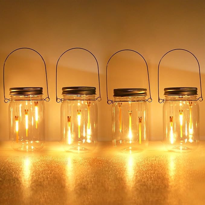 Solar Mason Jar Fairy String Lights,4-Pack(Plastic Mason Jars Include) Solar Powered Glass Outdoor Hanging Lamps Lighting,Waterproof LED Flame Dancing Lights for Garden Patio
